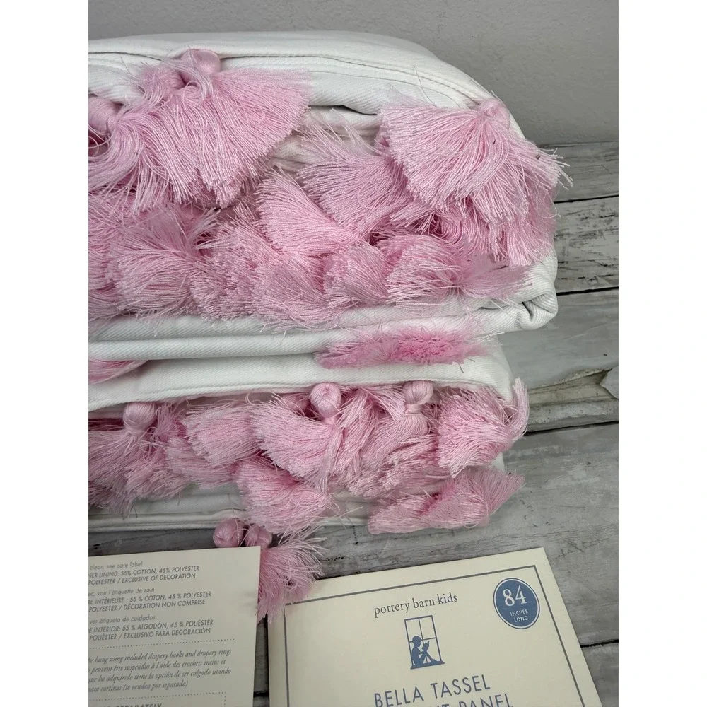 Pottery Barn Kids Bella Tassel Blackout Curtain Panels White Pink set of 2